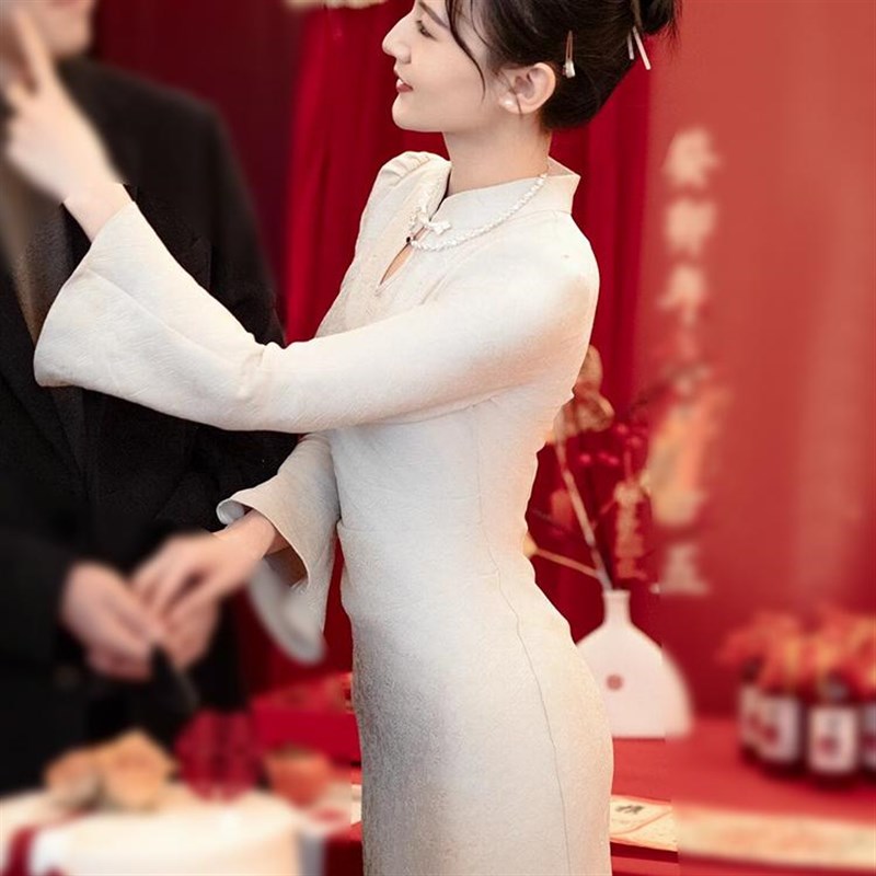 伴娘服2024新款中式旗袍裙姐妹团国风礼服女鱼尾平时可穿长袖秋冬