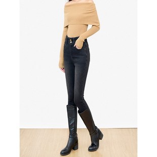 SJOG显瘦不堆叠!加绒靴裤高腰提臀牛仔裤女九分紧身小脚裤铅笔裤