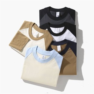 260G重磅插肩袖 圆领男女情侣装 长袖 拼接撞色打底衫 t恤男四季 美式