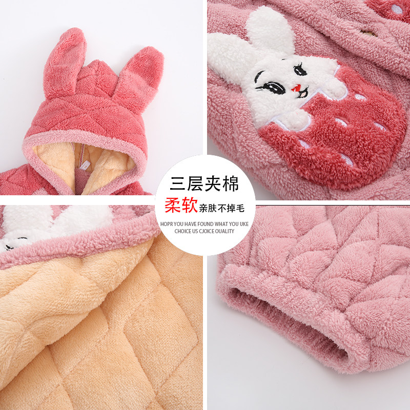 儿童家居服秋冬季三层夹棉加厚女童法兰绒睡衣男童中长款保暖套装