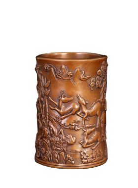 匠泽铜魂 松鹿草笔筒紫铜 纯铜笔筒文房办公用品商务书房装饰摆件