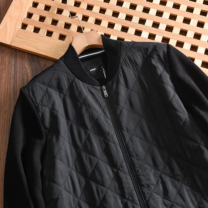 法国69欧 100全棉针织菱形格夹棉防风保暖秋季男士休闲夹克外套潮