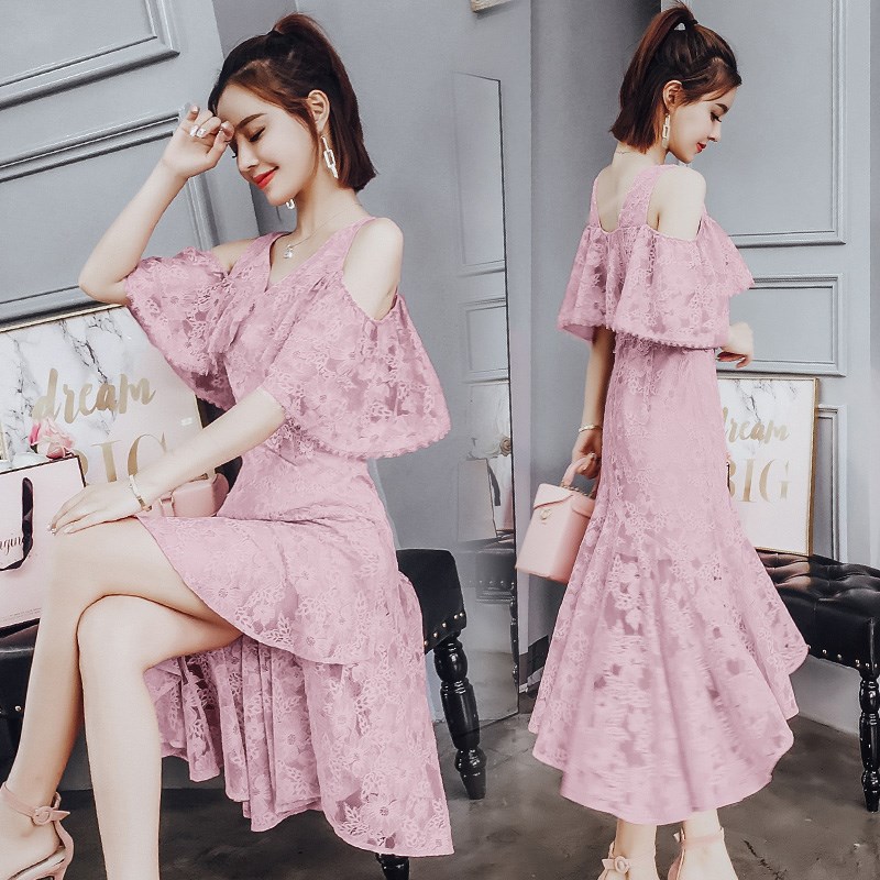 今年流行夏天裙子很仙的小众连衣裙法式桔梗裙粉色蕾丝长裙女