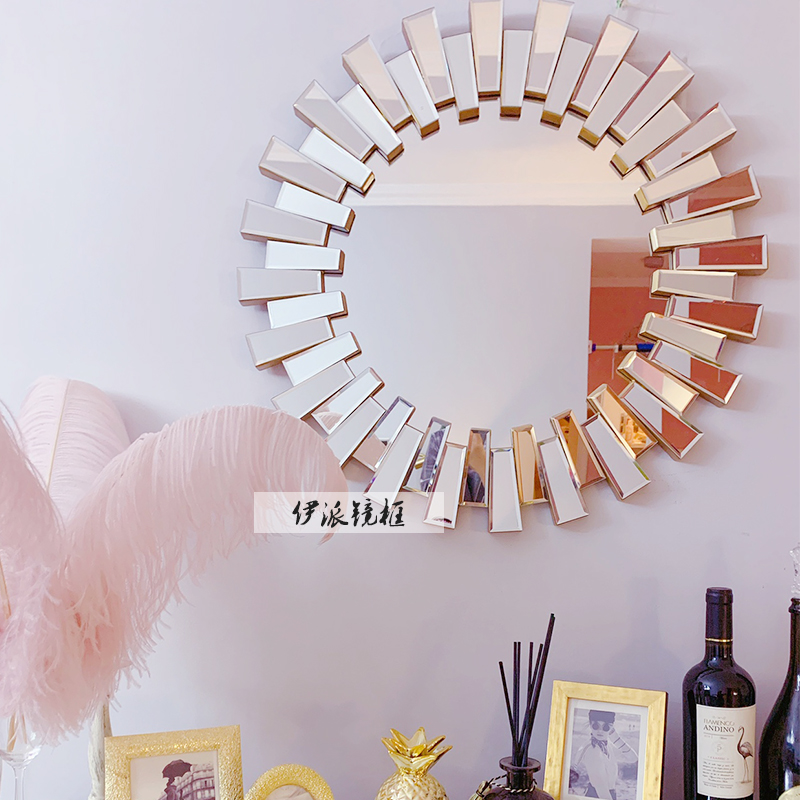 简美式装饰壁挂镜子壁炉镜卫生间镜玄关餐厅圆形轻奢太阳玻璃拼镜