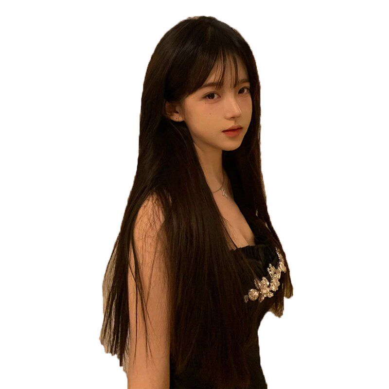 公主李假发女长发一刀切自然黑长直发JK圆脸lolita自然全头套黑长