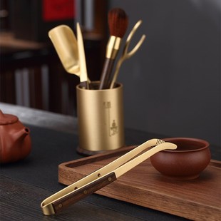 言殊普洱茶刀茶针茶夹茶笔茶匙黄铜实木组套五件套功夫茶道零配件