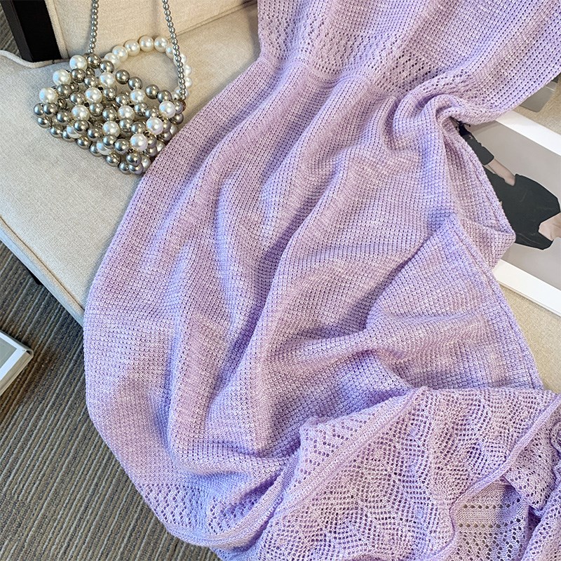 捡漏法式紫色浪漫镂空钩花针织连衣裙女装夏季收腰无袖背心长裙潮