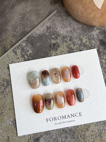 Foromance.【枫落砚台】琥珀红棕色+冷调的灰蓝 短椭圆 穿戴甲
