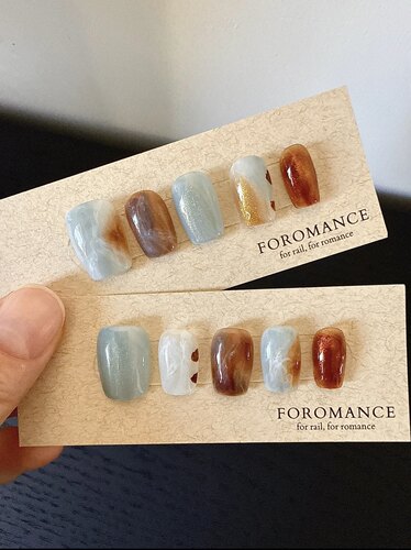 Foromance.【晚山】琥珀金棕 蓝棕撞色 秋冬氛围感 短方圆 穿戴甲