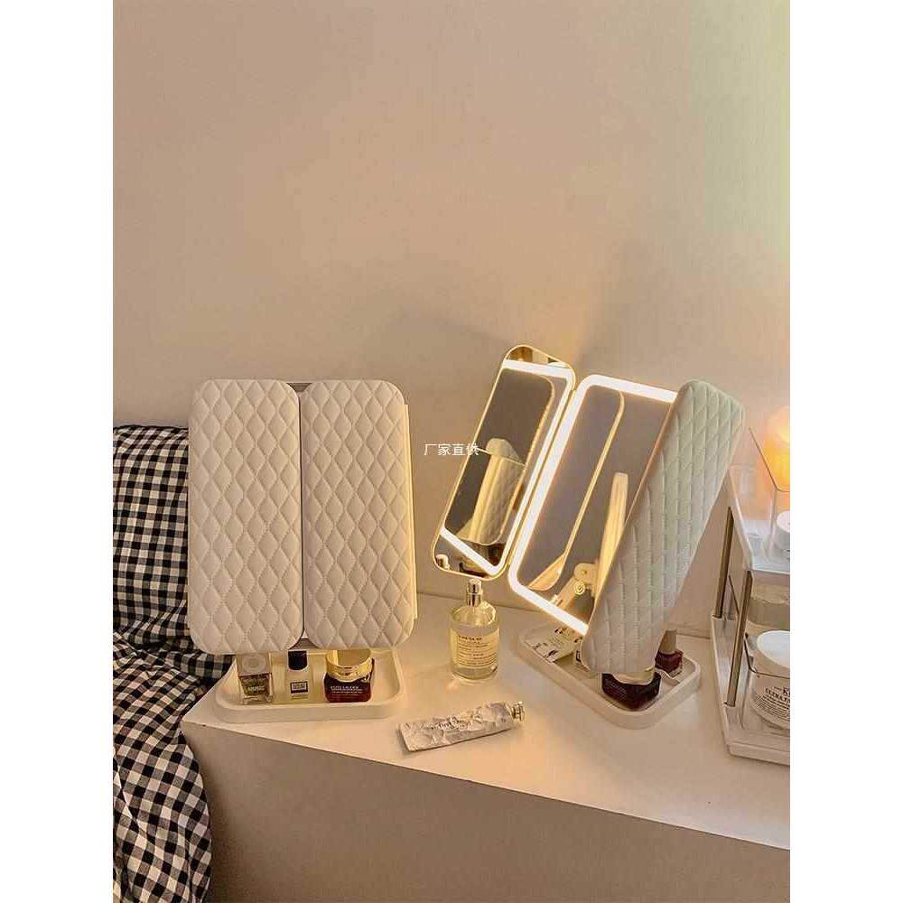 贝壳双开门led化妆镜带灯收纳盒一体台式桌面折叠可调节镜子学生