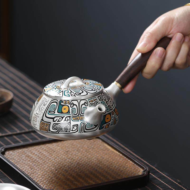 德鼎网红饕餮鎏银侧把壶手工中式茶壶家用复古文艺高端鎏银大师级