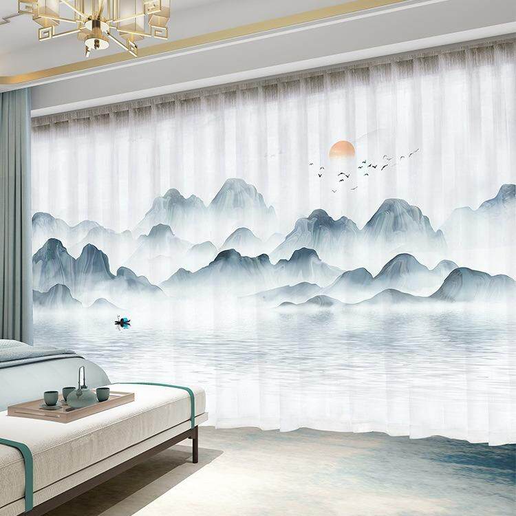 新中式窗帘遮光2024新款中国风景古典山水墨画客厅透光不透人纱帘