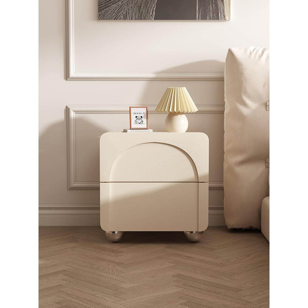 奶油风床头柜现代简约皮质轻奢感网红创意白色卧室实木床边柜