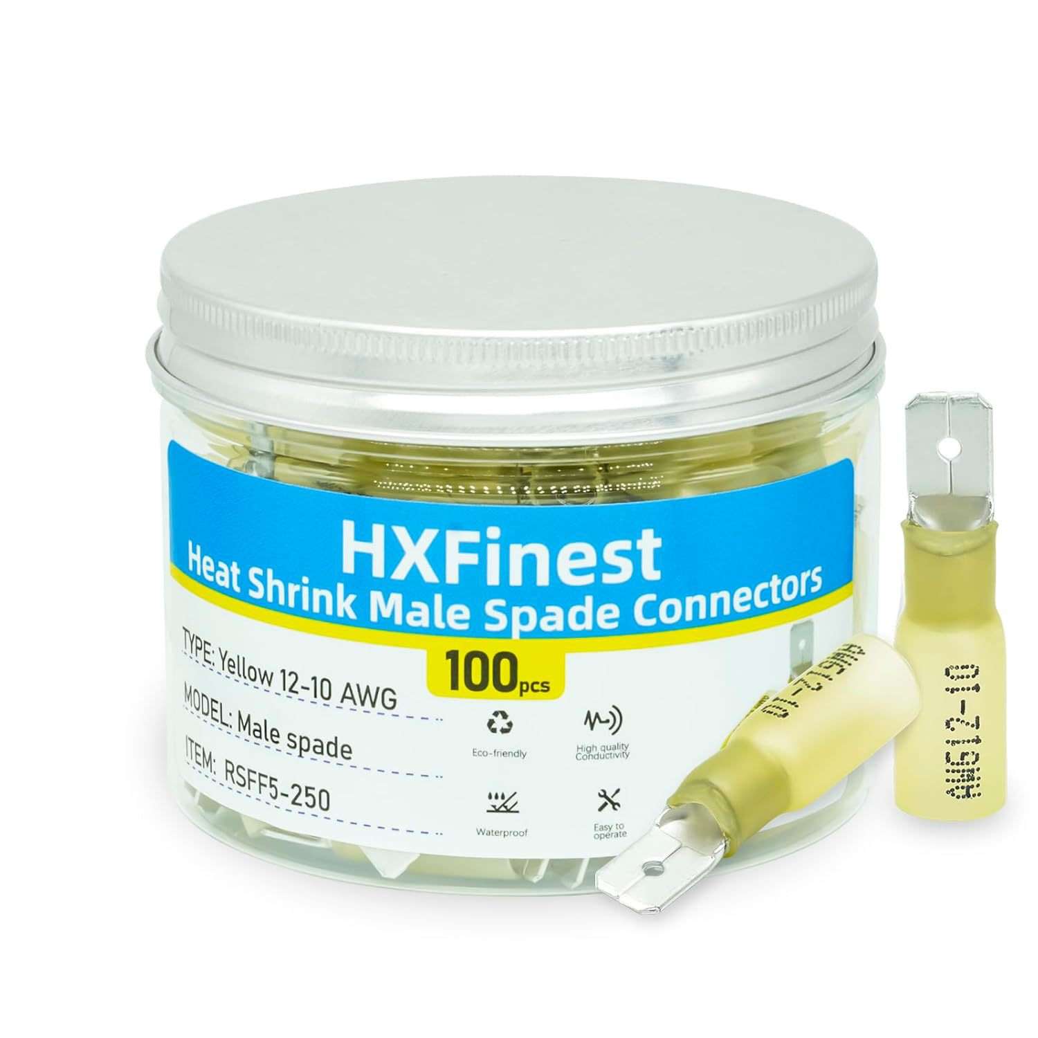HXFinest 100pcs 黄色热收缩公铲连接器 - 电气快速断开电线连接