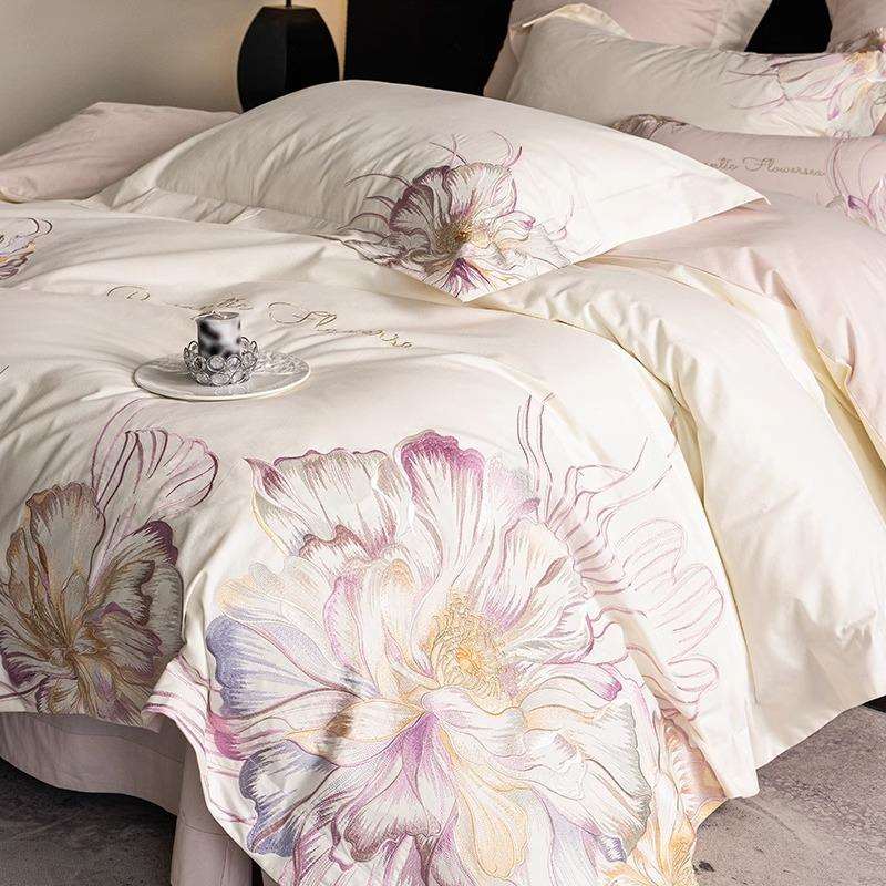 秋冬季柔软磨毛公主100支长绒棉全棉四件套花卉粉色刺绣被套床品