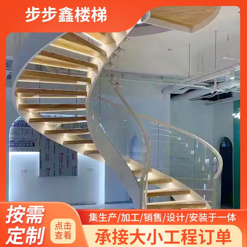 大型木楼梯室内复式阁楼扶梯钢架结构直柱款旋转木制扶手实木
