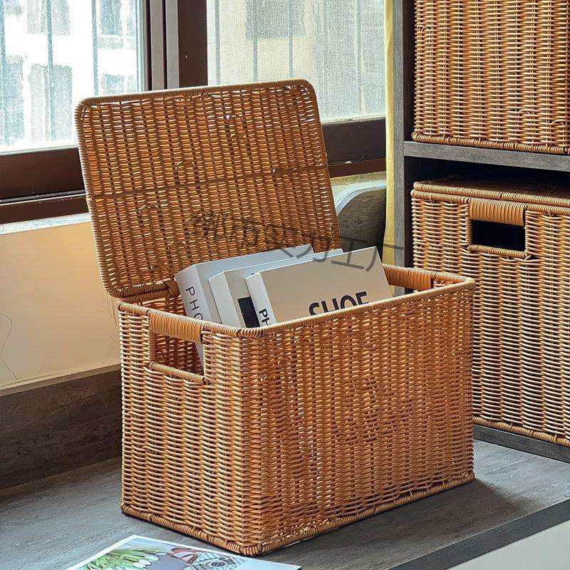 2025新款仿藤编收纳筐长方形脏衣篓带盖有盖收纳箱衣橱整理家