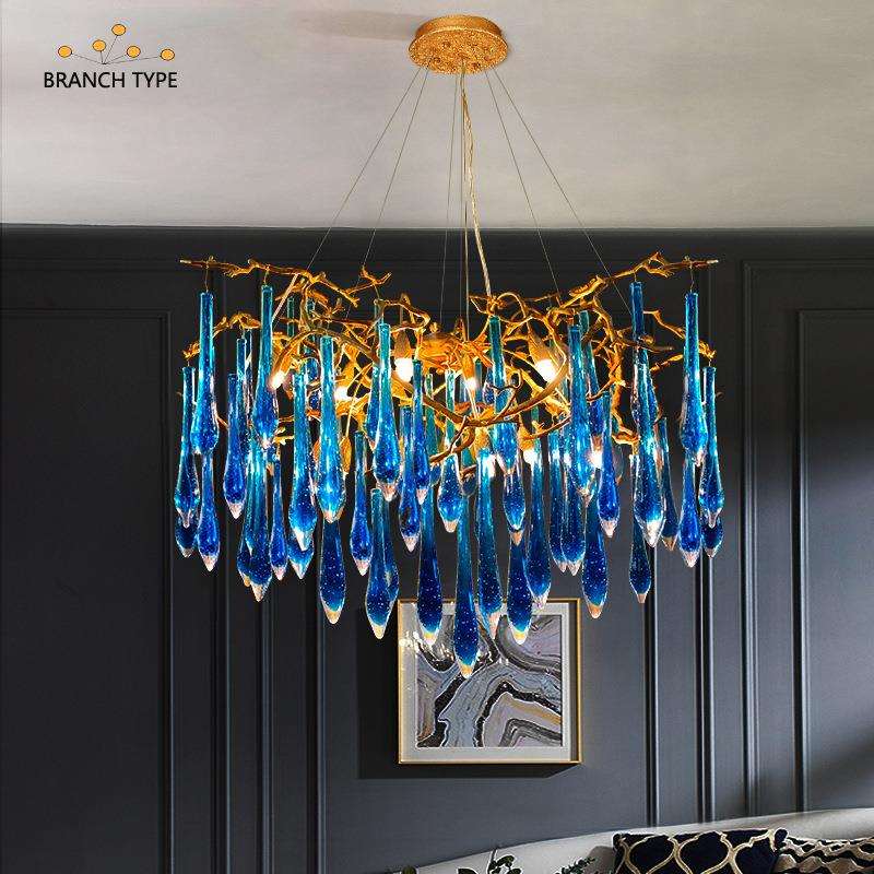 轻奢客厅吊灯后现代简约蓝色水晶卧室灯全铜树枝艺术感圆形餐厅灯