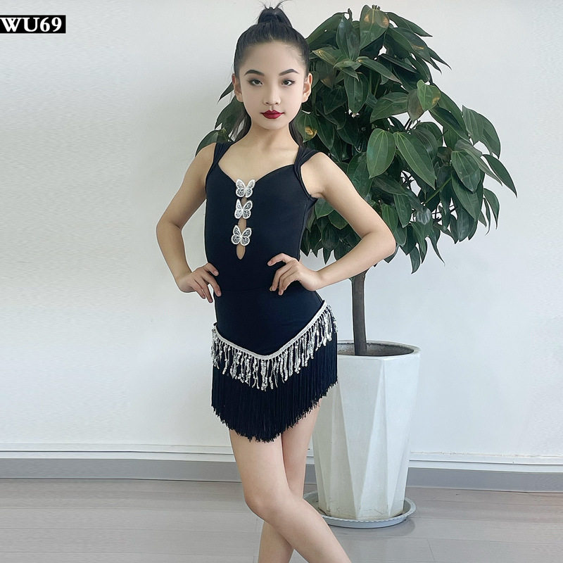 W69夏季新款拉丁舞练功服女儿童高级流苏裙亮片拉丁舞表演出服装