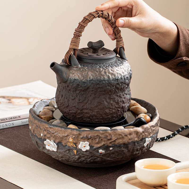陶瓷复古粗陶煮茶炉电陶炉电炉丝中式养生煮茶器蒸茶器提梁煮茶壶