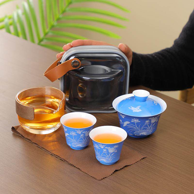 快客杯盖碗功夫套装收纳包一壶二杯薄胎浮雕骨瓷便携式旅行茶具