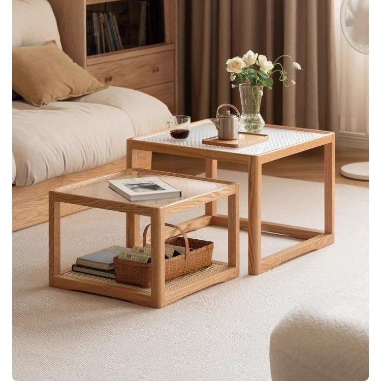 玻璃茶几实木小户型客厅家用茶桌移动边几简约现代原木茶几桌边桌