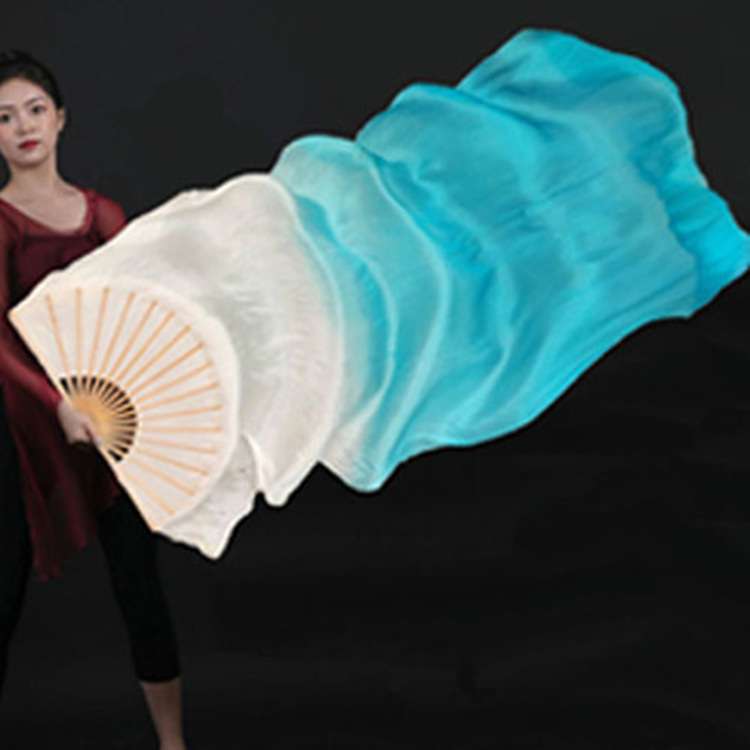 真丝舞蹈扇子双扇肚皮舞渐变舞蹈扇子道具彩色长绸扇真丝跳舞扇子
