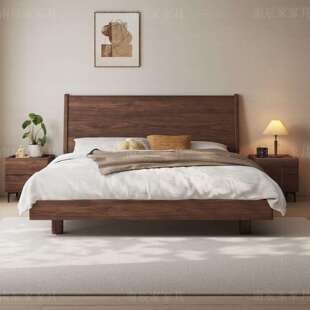 纯北美黑胡桃全实木床1.5一米八床简约中古风气压储物悬浮主卧床