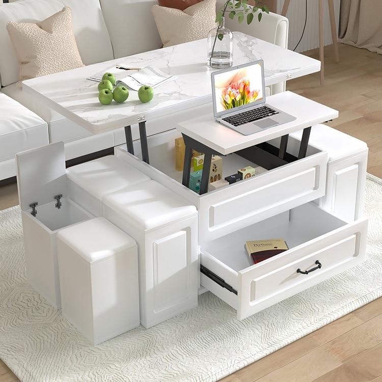 多功能升降茶几餐桌两用奶油风小户型客厅家用一体折叠多用电视柜