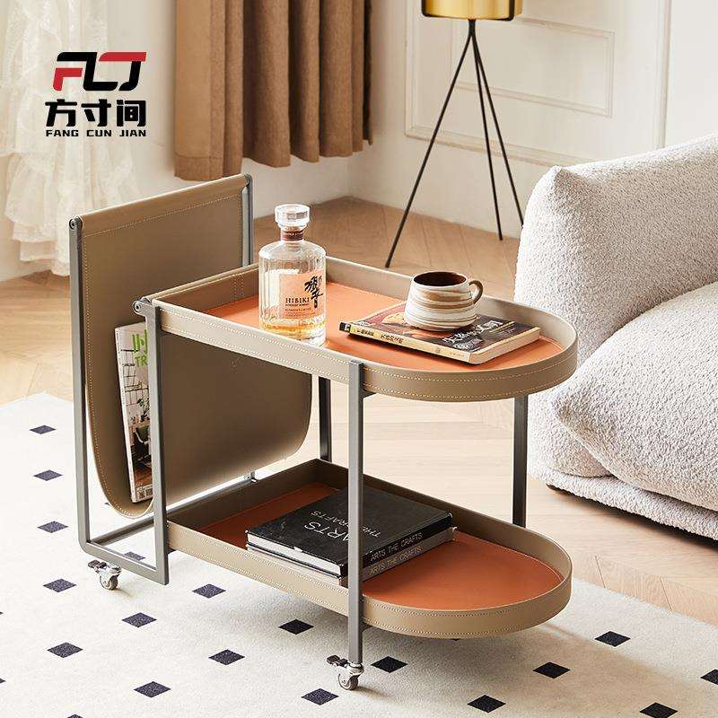 WXKY687方寸间推车小边几带轮现代简约马鞍皮边几设计师款移动茶