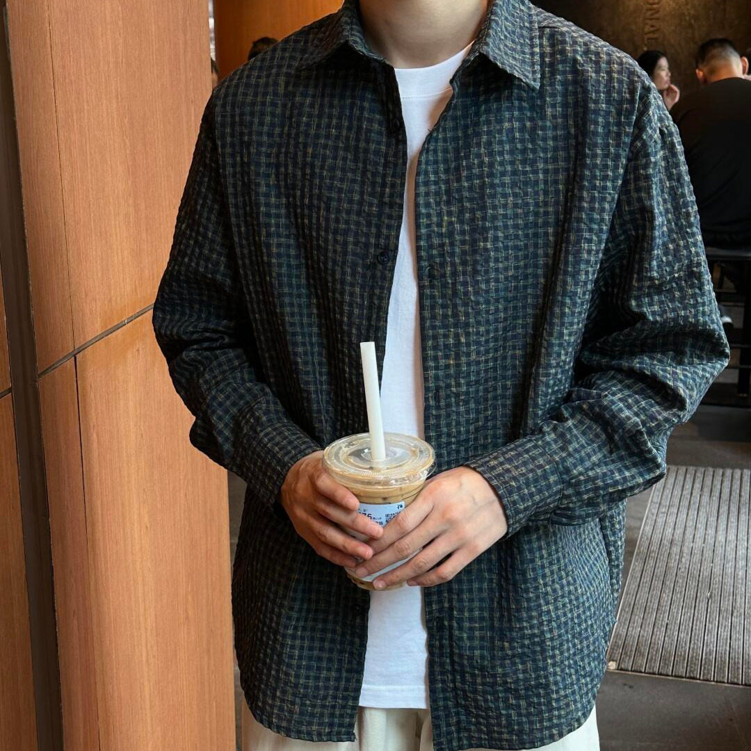 通勤开衫男格子衬衫新款春秋男女外套衬衫泡泡衫长袖休闲寸衣宽松
