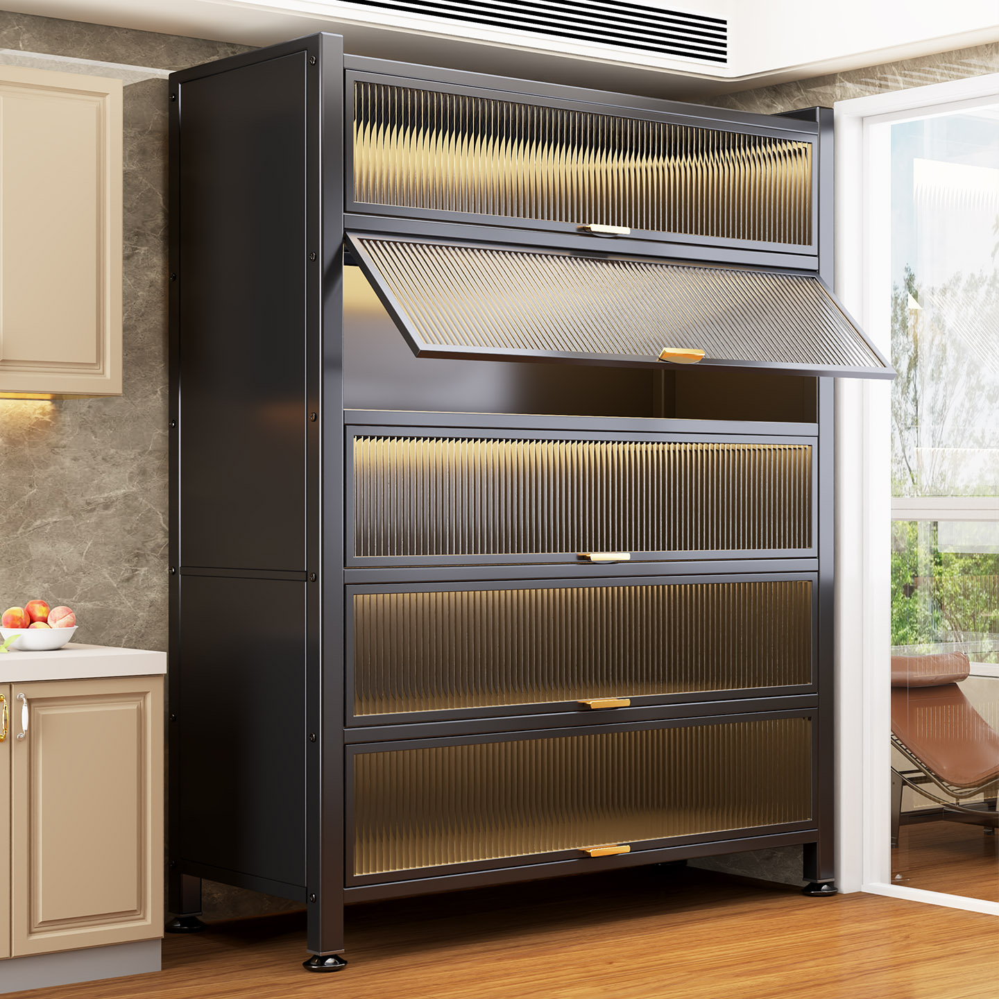 厨房收纳柜落地多层置物架碗柜家用钢制餐边柜橱柜防尘储物柜子