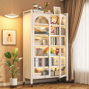 家用钢制书柜带门防尘儿童书架落地可移动储物柜铁艺置物架收纳柜