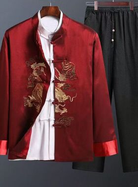 唐装中老年套装男中国龙男装秋冬爸爸装汉服老人生日祝寿夹棉外套