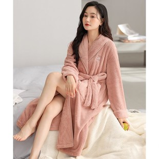 睡袍女冬季珊瑚绒加厚加绒长款睡衣女款秋冬法兰绒浴袍冬款家居服