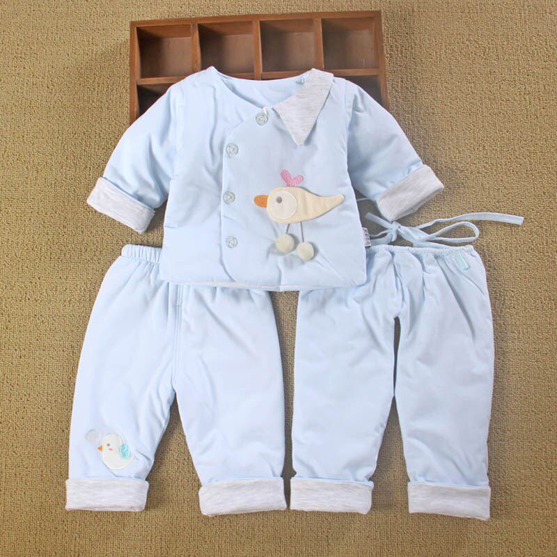 0一3月女婴儿装新生儿春秋冬薄夹棉衣服分体款男宝宝三件套装季天