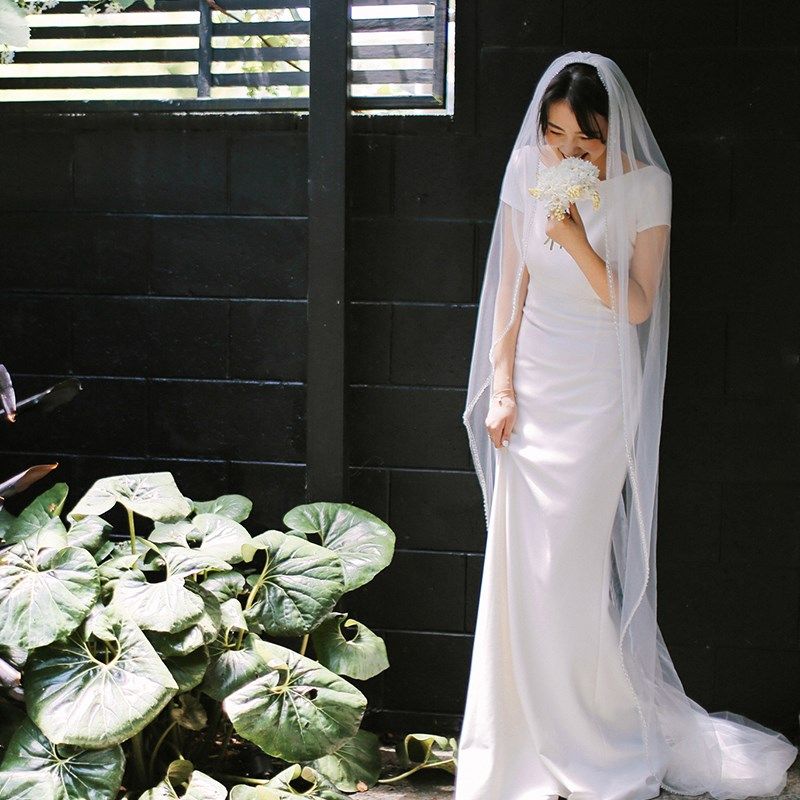 【白小仙】2021新款旅拍简约鱼尾户外草坪婚礼新娘出门法式轻婚纱
