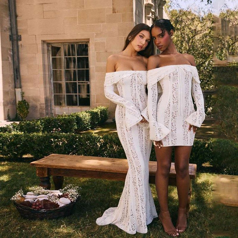 #Sisjuly# 欧美风轻奢一字肩镂空修身连衣裙女高级感晚宴礼服长裙