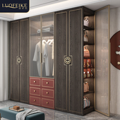 新中式 衣柜梳妆台一体衣帽间带书桌整体定制家用卧室高档实木衣橱