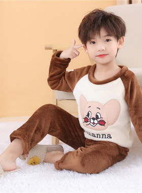 秋冬季男童睡衣珊瑚绒儿童宝宝小孩卡通加厚法兰绒保暖家居服套装