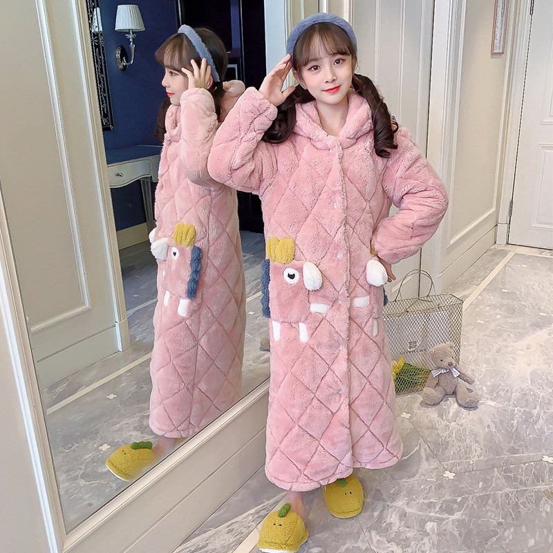 儿童睡袍睡衣冬季加厚款三层夹棉女童小孩珊瑚绒浴袍法兰绒家居服