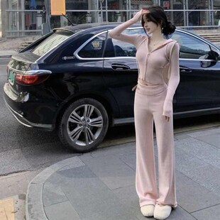 休闲套装粉色温柔连帽长袖毛衣外套上衣女秋季针织阔腿长裤两件套