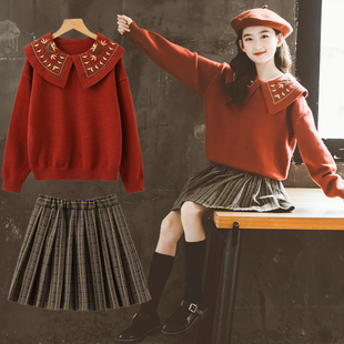 女童连衣裙秋冬款中大童加厚冬季毛衣网红冬装套装裙过年红色裙子