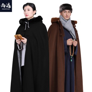 双层加绒禅修打坐披风斗篷居士僧人静坐披风帽檐毛领连帽冬季保暖