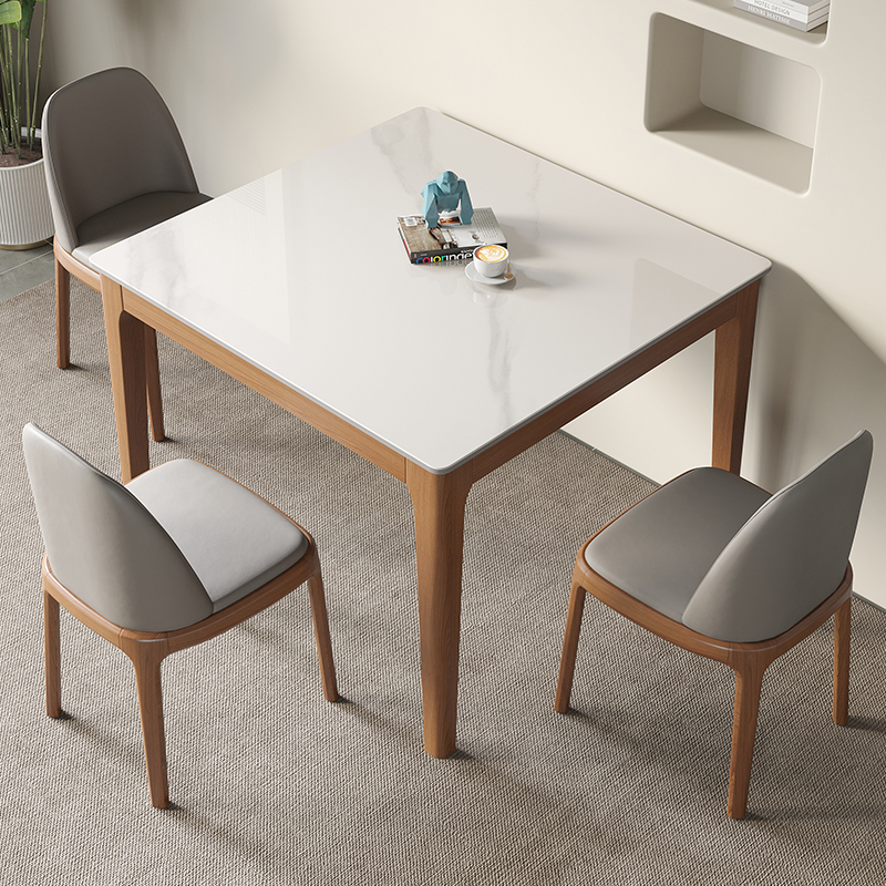 明匠轩家居北欧胡桃色岩板实木餐桌椅组合家用正方形客厅阳台牌桌