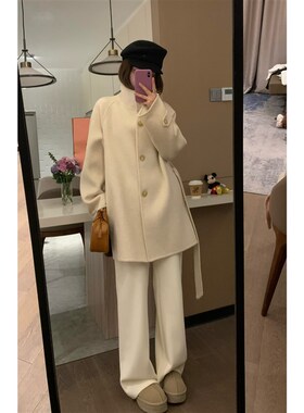 VASSE 松弛设计感 高克重加厚全羊毛双面呢白色立领斗篷毛呢大衣