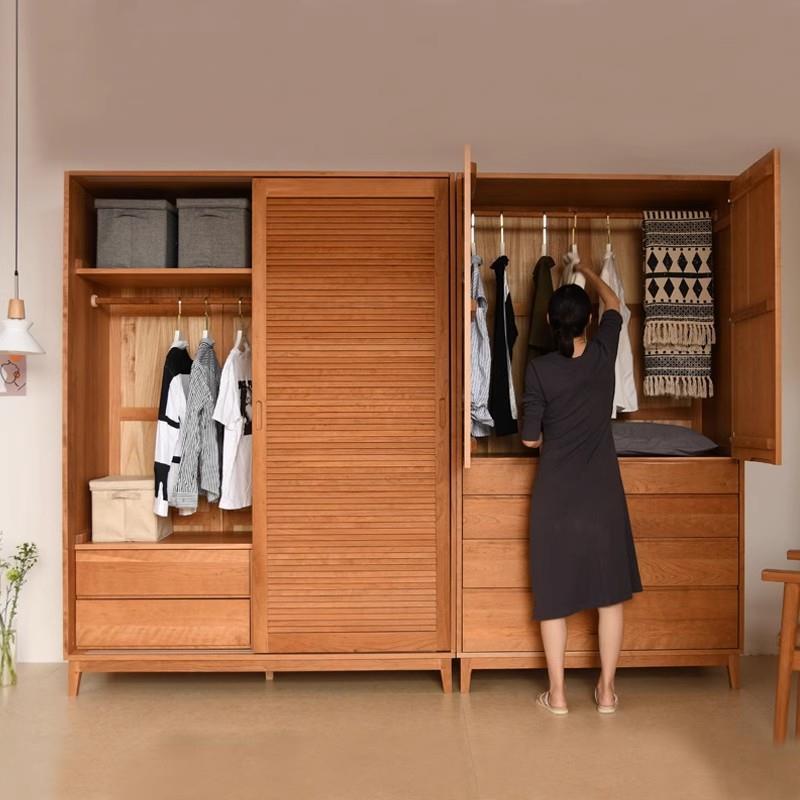 北欧实木樱桃木衣柜平开门衣橱日式简约黑胡桃木推拉百叶门收纳柜