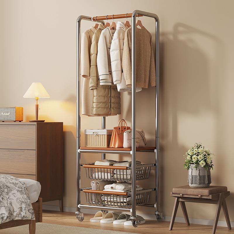 落地可移动带轮挂衣架卧室多层置物架多功能晾衣架子简约衣帽架