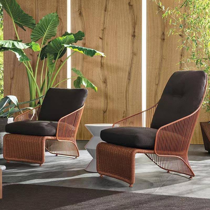 户外北欧藤编椅阳台软装设计花园庭院铝合金线条编绳单人沙发靠椅