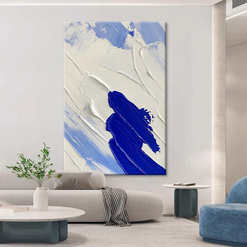奶油风肌理挂画玄关克莱因蓝抽象人物手绘油画客厅白色立体装饰画